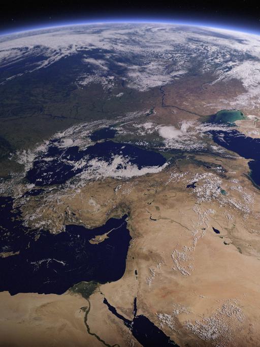 Digital bearbeitetes Bild der Erde aus dem Weltall mit Nacht über Europa und Tag über Asien 