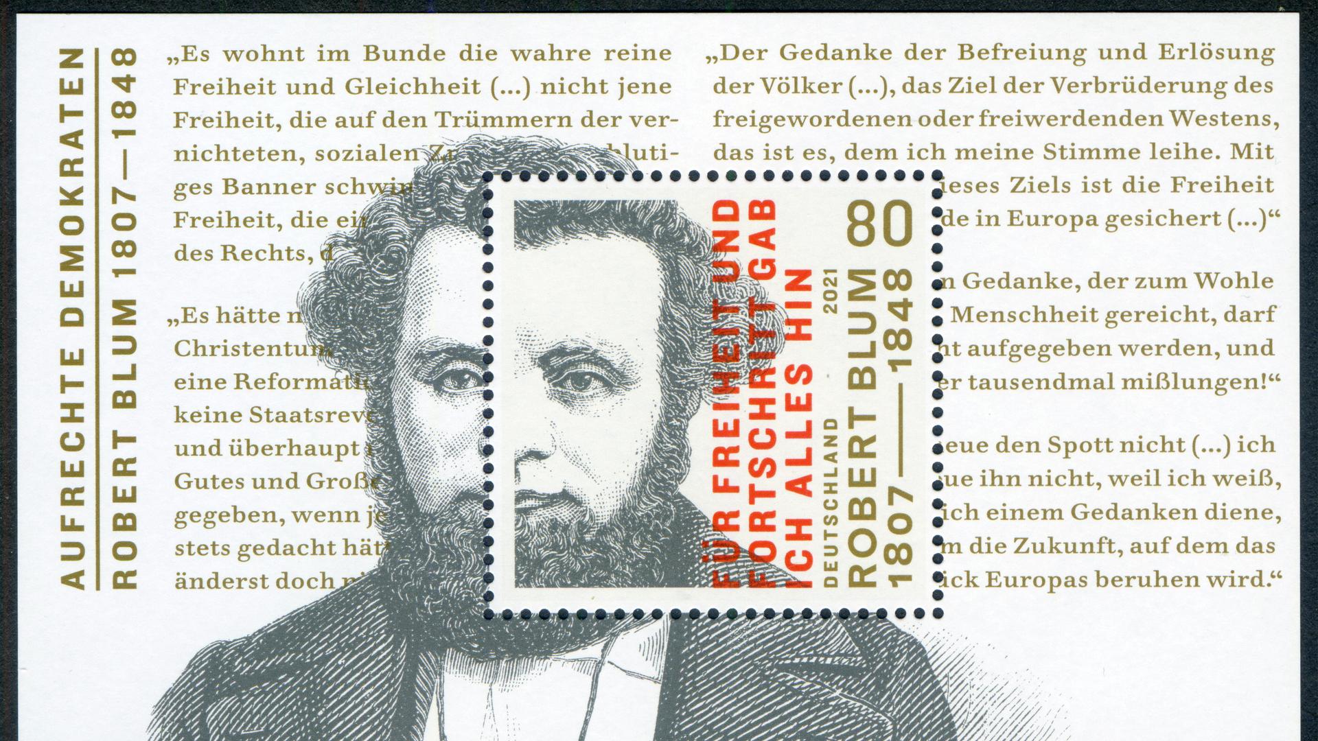 Eine Briefmarke der Deutschen Post mit dem Konterfei von Robert Blum Eine Briefmarke der Deutschen Post mit dem Konterfei von Robert Blum