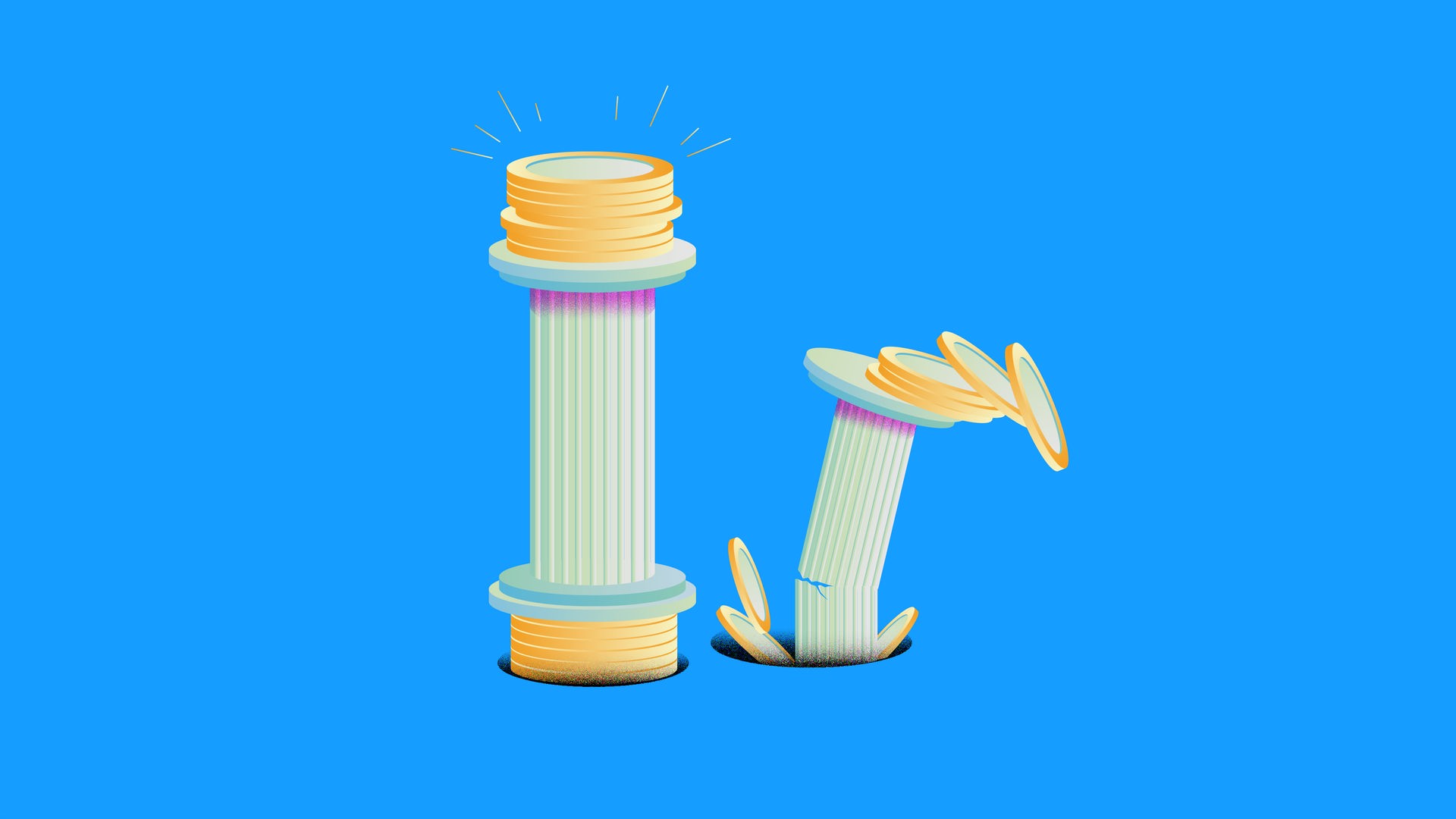 Illustration: zwei Stelen die auf Münzen stehen und auf denen zusätzlich Münzen liegen. Die rechte Stele hat einen riss und bricht zusammen. Der Hintergrund ist blau.