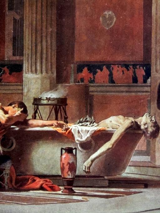 Tod eines Stoikers: Das Gemälde von Manuel Dominguez Sánchez zeigt den sterbenden Seneca in einer Badewanne. Um ihn herum stehen in Tuniken gehüllte Männer, einer weint. Er stützt sich auf dem Badewannenrand ab. 