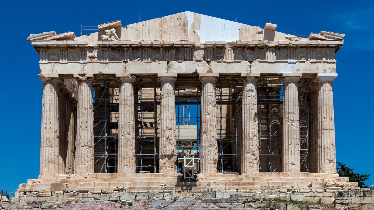 Das undatierte Handout des Kulturministeriums in Athen zeigt den restaurierten westlichen Giebel des Parthenon. Das undatierte Handout des Kulturministeriums in Athen zeigt den restaurierten westlichen Giebel des Parthenon.