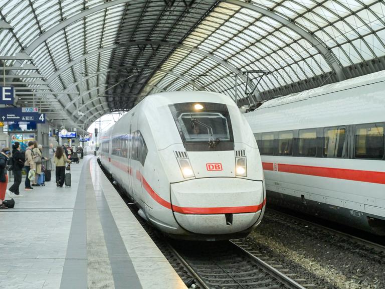 Ein ICE fährt in einen Bahnhof ein.