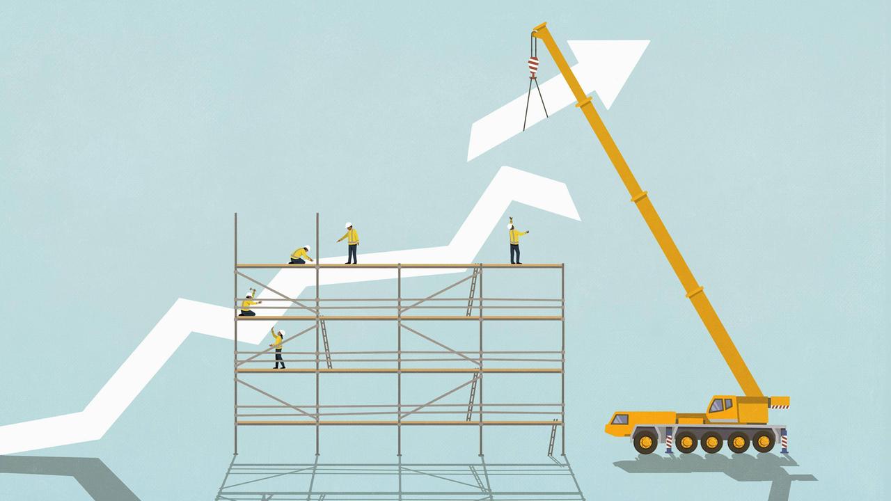 Grafik: Arbeiter auf einem Gerüst mit Kran von dem Hintergrund eines aufsteigenden Diagrampfeils