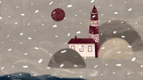 Illustration einer Landschaft im Schnee mit Leuchtturm, Wasser und Bergen.