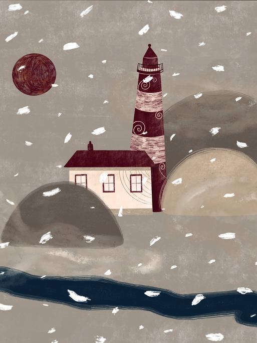 Illustration einer Landschaft im Schnee mit Leuchtturm, Wasser und Bergen.