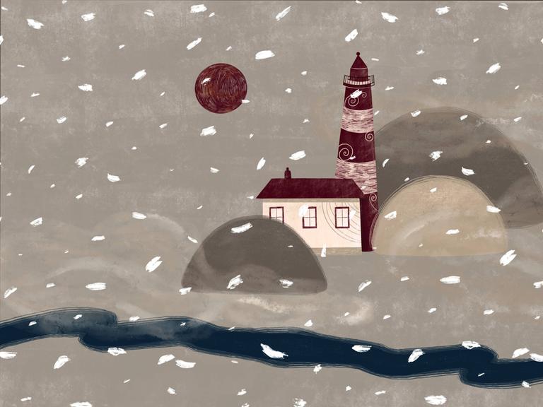 Illustration einer Landschaft im Schnee mit Leuchtturm, Wasser und Bergen.