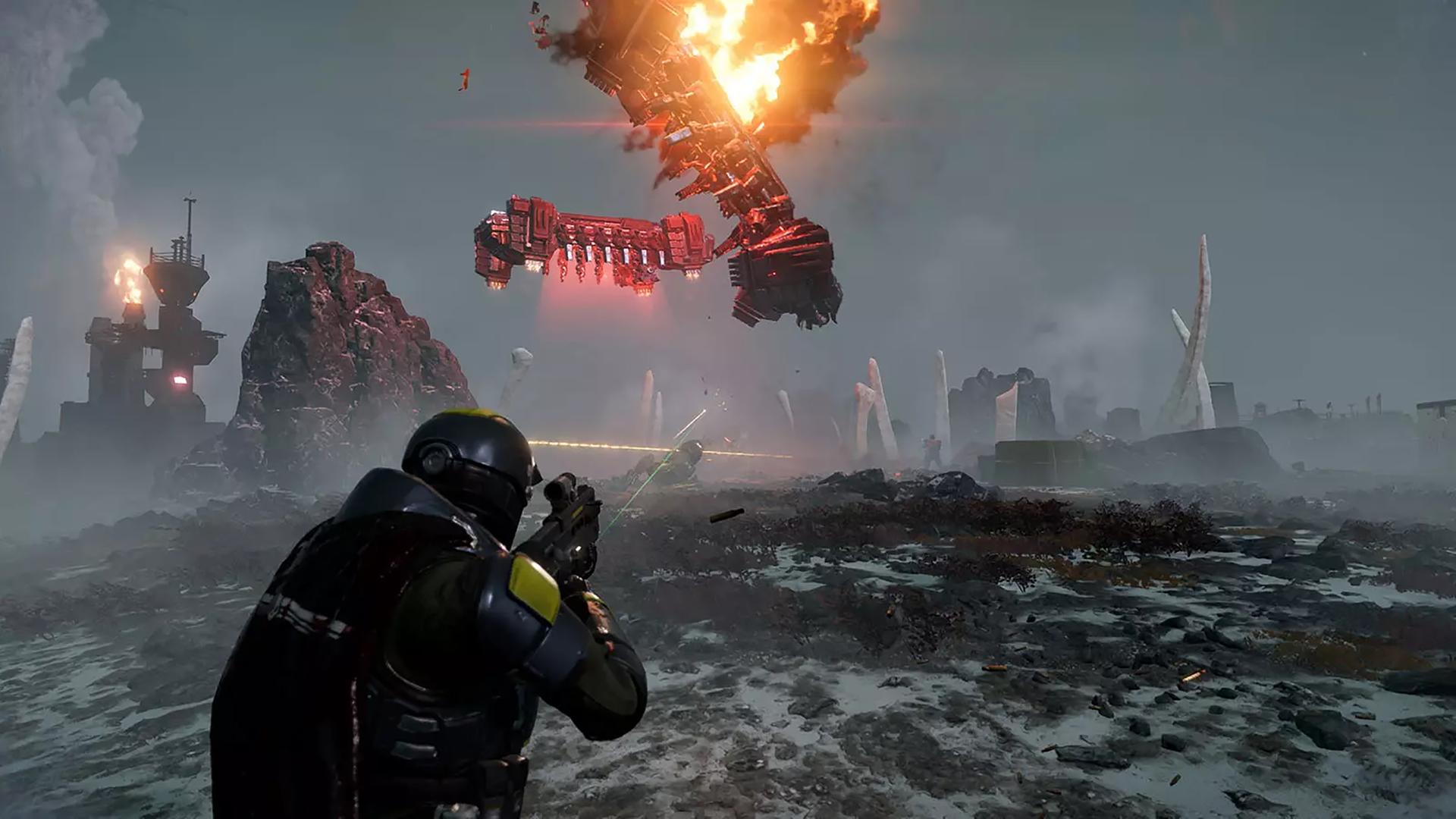 Eine Szene aus dem Spiel "Helldivers 2", ein Third-Person-Shooter-Spiel aus dem Jahr 2024.