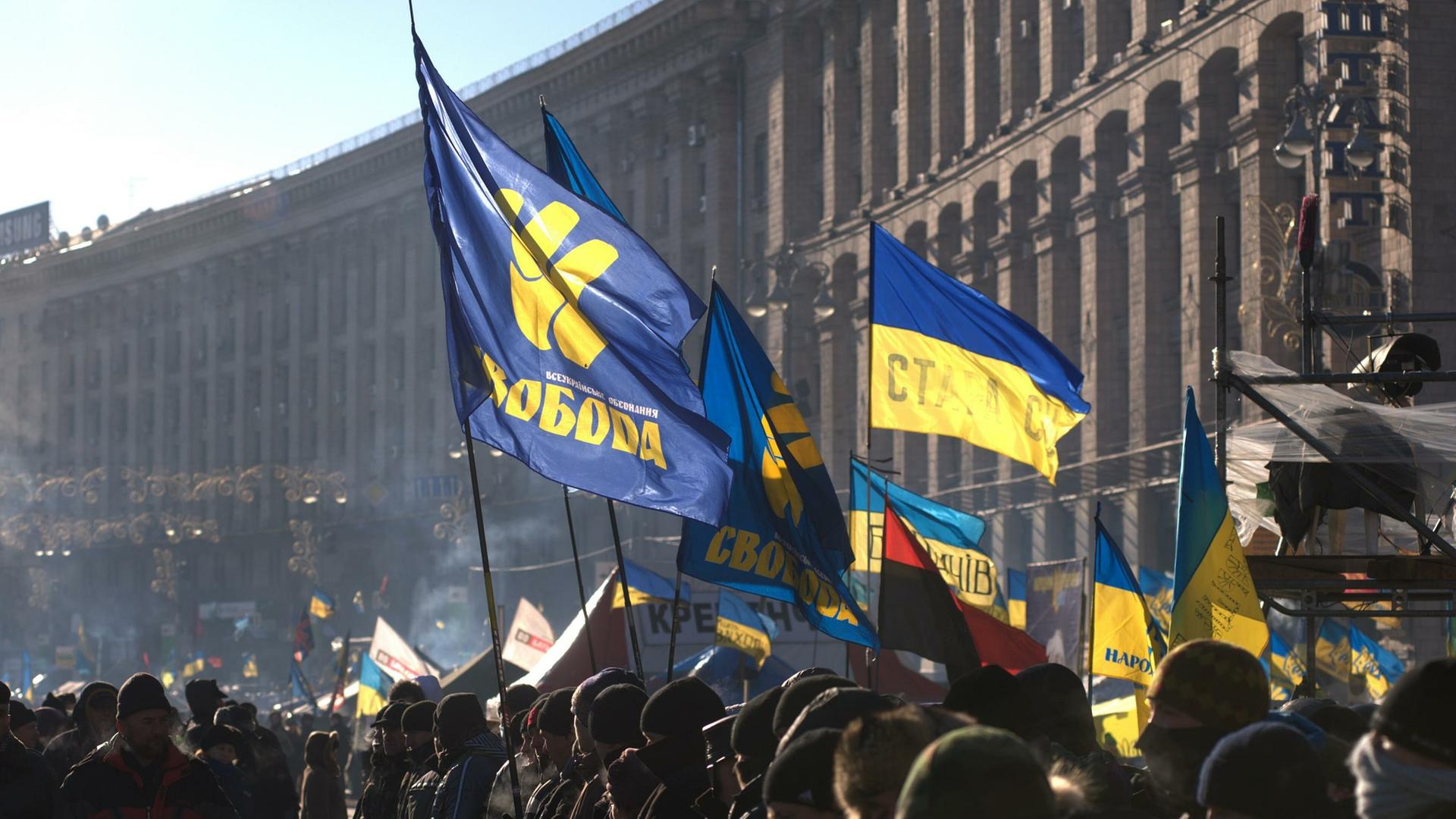 Fahnen auf dem Maidan in Kiew im Januar 2014