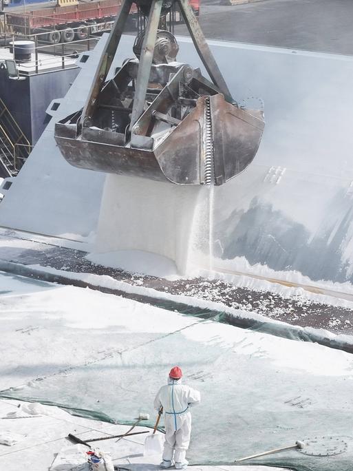 Auf einem Frachtschiff wird mit einem großen Bagger Düngemittel verladen. Im Vordergrund ist eine Person in einem weißen Schutzanzug und mit Helm zu sehen.
