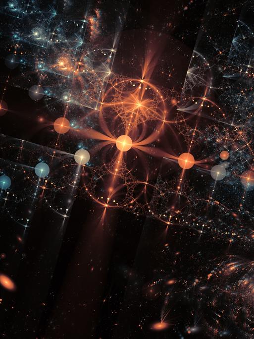 Illustration des Weltall in der Muster im All erkennbar gemacht werden. Der Hintergrund ist schwarz und es sind unterschiedlichste Sterne und Planeten zu erkennen. Außerdem geometrische Fromen.