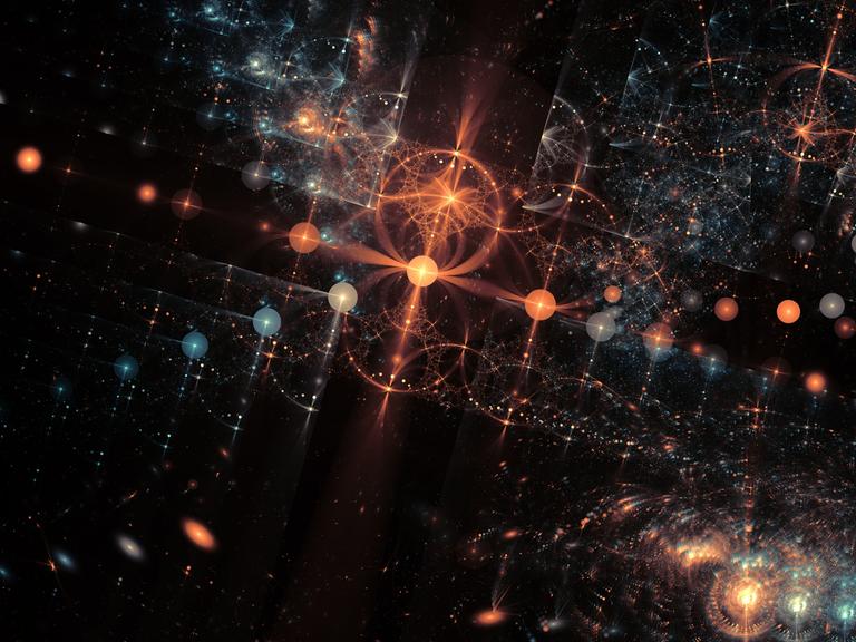 Illustration des Weltall in der Muster im All erkennbar gemacht werden. Der Hintergrund ist schwarz und es sind unterschiedlichste Sterne und Planeten zu erkennen. Außerdem geometrische Fromen.