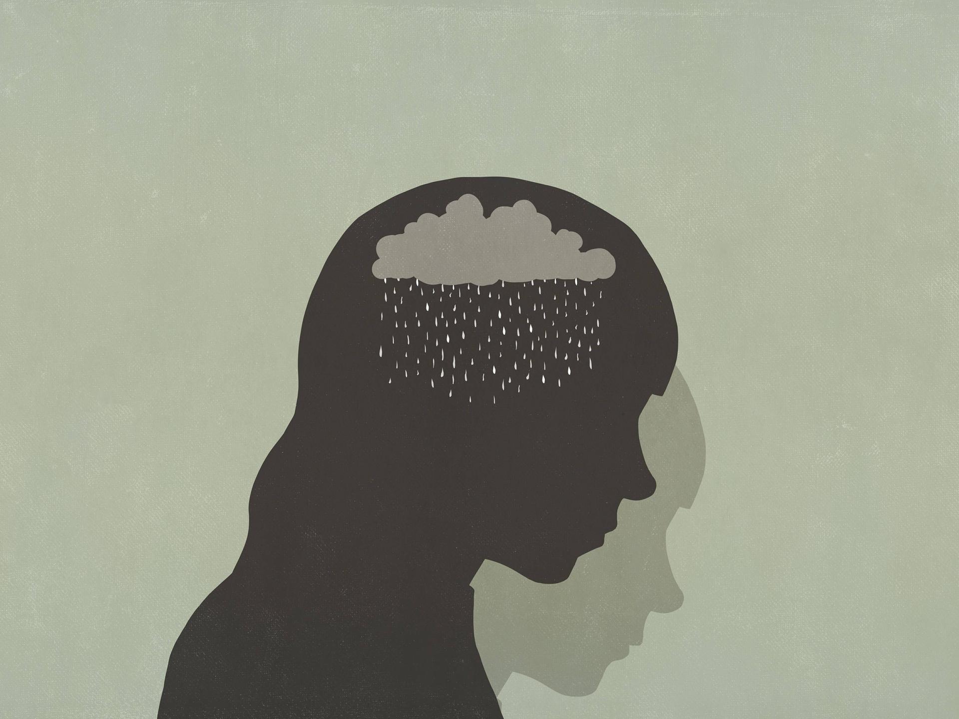 Illustration: scheerenschnittartige Silhouette einer traurigen Frau mit Regenwolken in ihrem Kopf. Im Hintergrund eine männlich zu lesende dunkle Silhouette.
