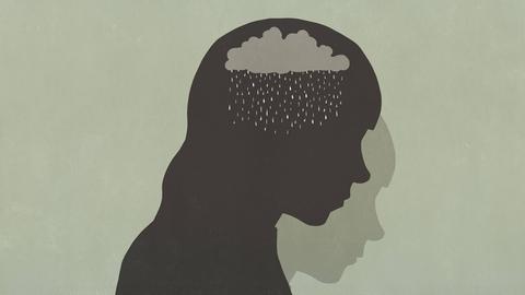 Illustration: scheerenschnittartige Silhouette einer traurigen Frau mit Regenwolken in ihrem Kopf. Im Hintergrund eine männlich zu lesende dunkle Silhouette.
