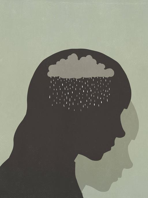 Illustration: scheerenschnittartige Silhouette einer traurigen Frau mit Regenwolken in ihrem Kopf. Im Hintergrund eine männlich zu lesende dunkle Silhouette.

