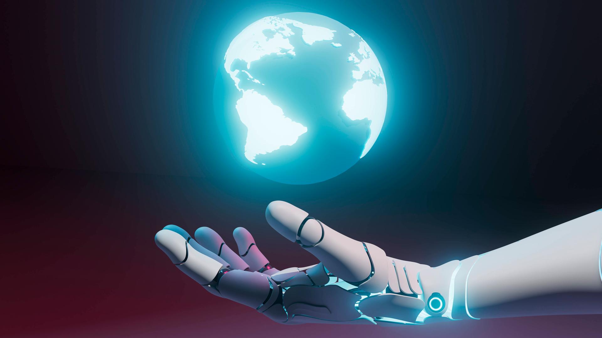 Eine computergenerierte Animation zeigt unsere Erdkugel, wie sie über einer überdimensionalen Hand eines Roboters bzw. einer KI schwebt.