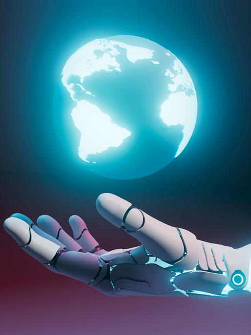 Eine computergenerierte Animation zeigt unsere Erdkugel, wie sie über einer überdimensionalen Hand eines Roboters bzw. einer KI schwebt.
