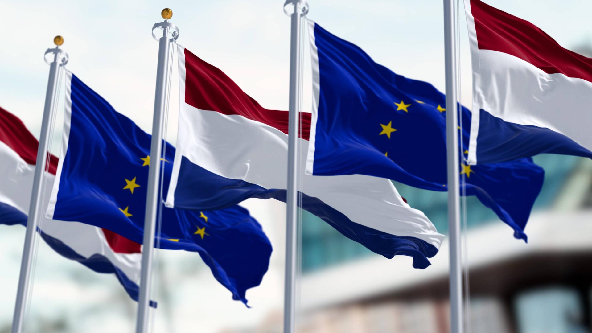 Flaggen der EU und der Niederlanden wehen nebeneinander im Wind.