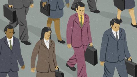 Eine Illustration von Geschäftsleuten, die mit Aktenkoffern in eine Richtung gehen