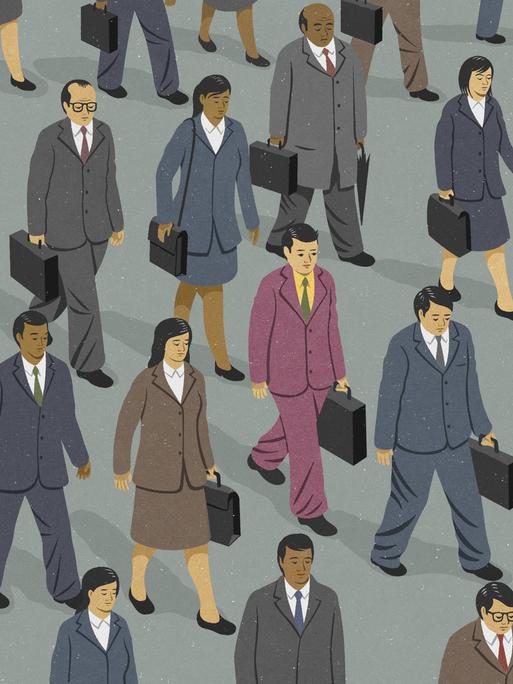Eine Illustration von Geschäftsleuten, die mit Aktenkoffern in eine Richtung gehen