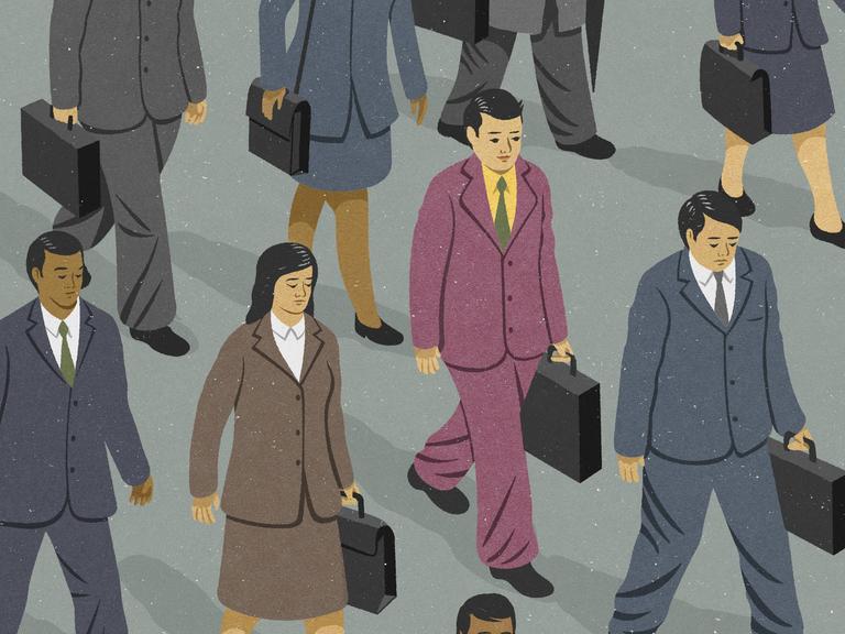 Eine Illustration von Geschäftsleuten, die mit Aktenkoffern in eine Richtung gehen