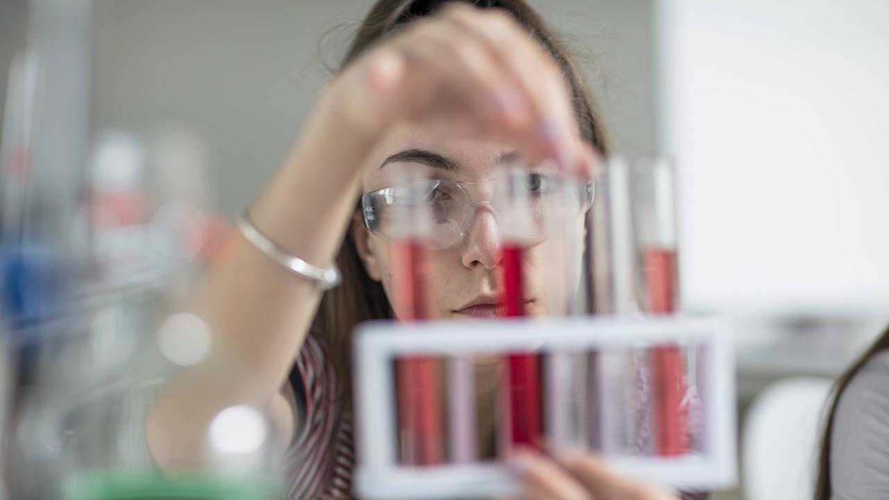 Das Gesicht einer Schülerin mit Brille ist hinter einem Holzgestell mit Reagenzgläsern verborgen. Diese enthalten eine rote Flüssigkeit.