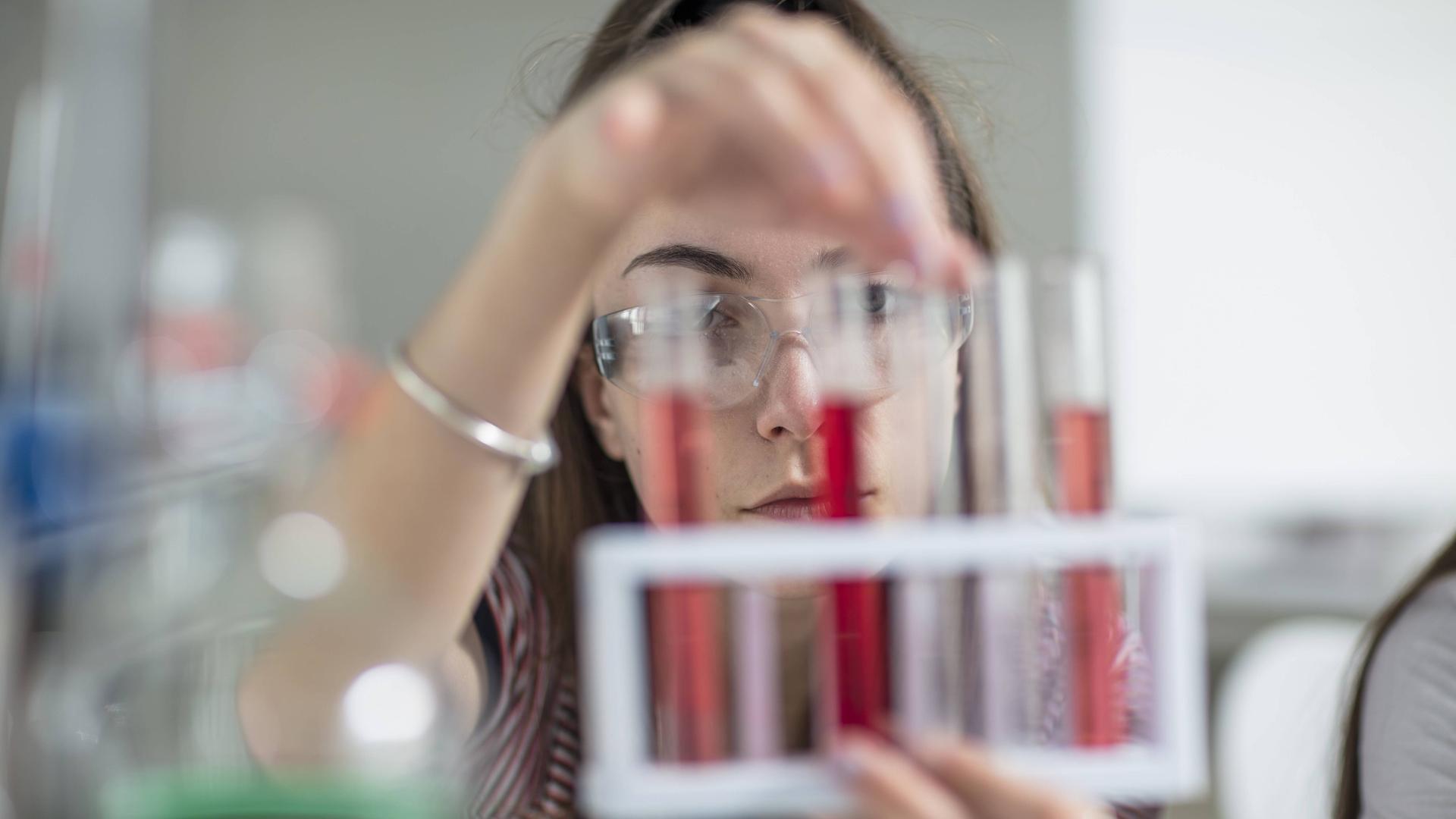 Das Gesicht einer Schülerin mit Brille ist hinter einem Holzgestell mit Reagenzgläsern verborgen. Diese enthalten eine rote Flüssigkeit. Das Gesicht einer Schülerin mit Brille ist hinter einem Holzgestell mit Reagenzgläsern verborgen. Diese enthalten eine rote Flüssigkeit.