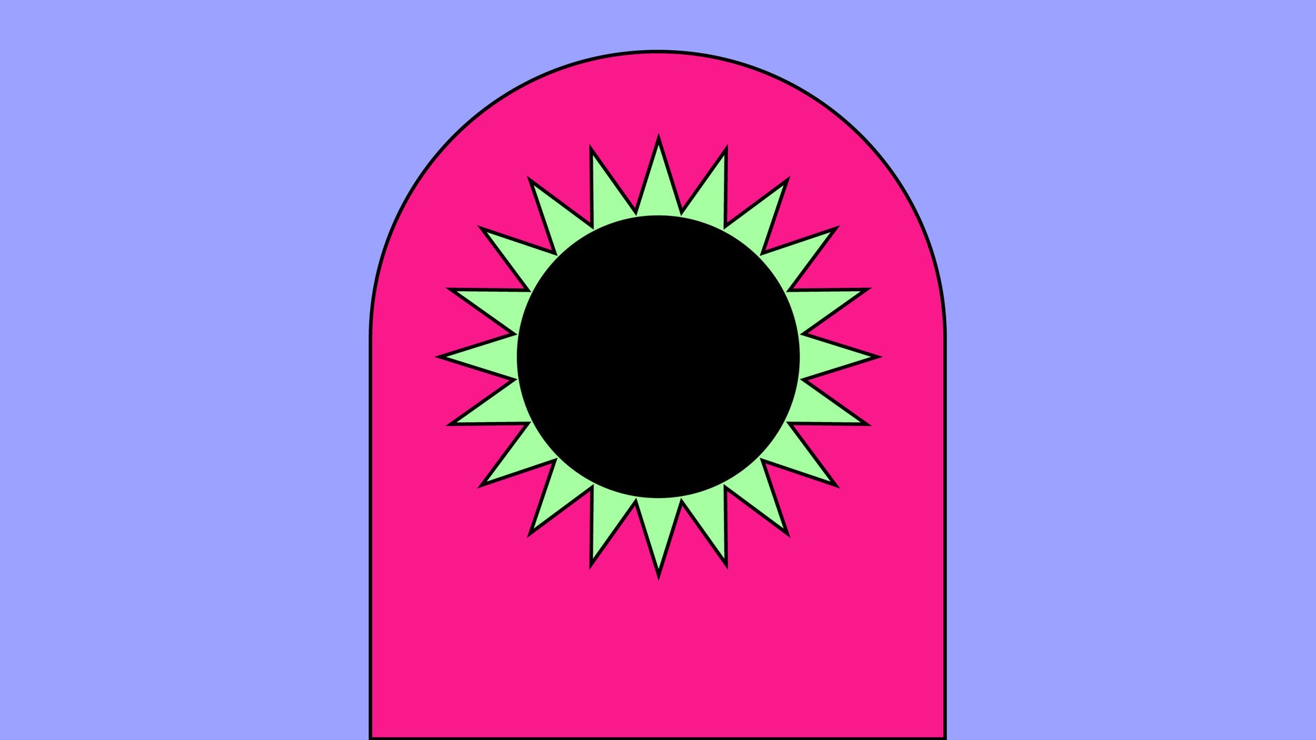 Die Grafik zeigt einen schwarzen Vollmond auf einem grünen Stern, auf einem pinken, halbrunden Grund auf einem lila Rechteck. Die Grafik zeigt einen schwarzen Vollmond auf einem grünen Stern, auf einem pinken, halbrunden Grund auf einem lila Rechteck.