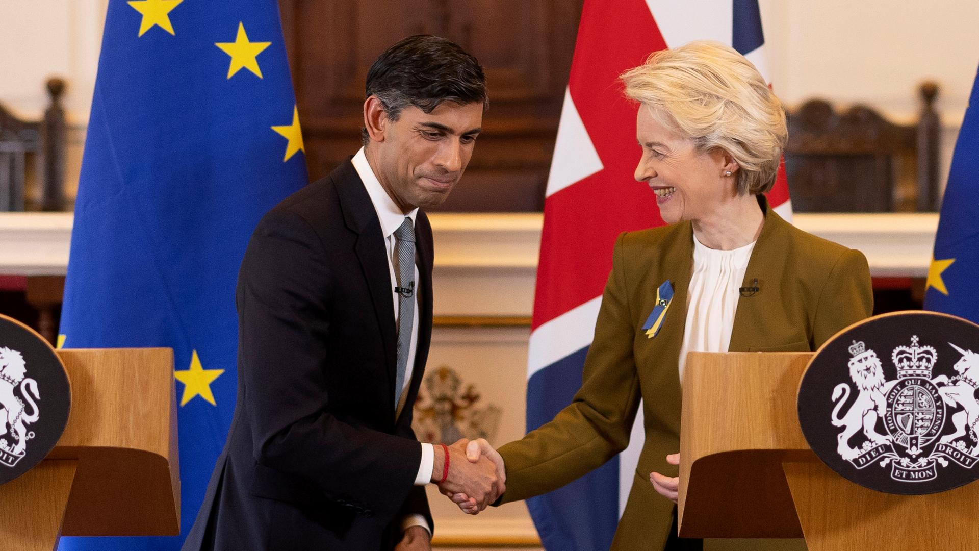 Britain's Prime Minister Rishi Sunak and EU Commission President Ursula von der Leyen, right, shake hands after a press conference at Windsor Guildhall, Windsor, England, Monday Feb. 27, 2023. The U.K. and the European Union ended years of wrangling and acrimony on Monday, sealing a deal to resolve their thorny post-Brexit trade dispute over Northern Ireland.