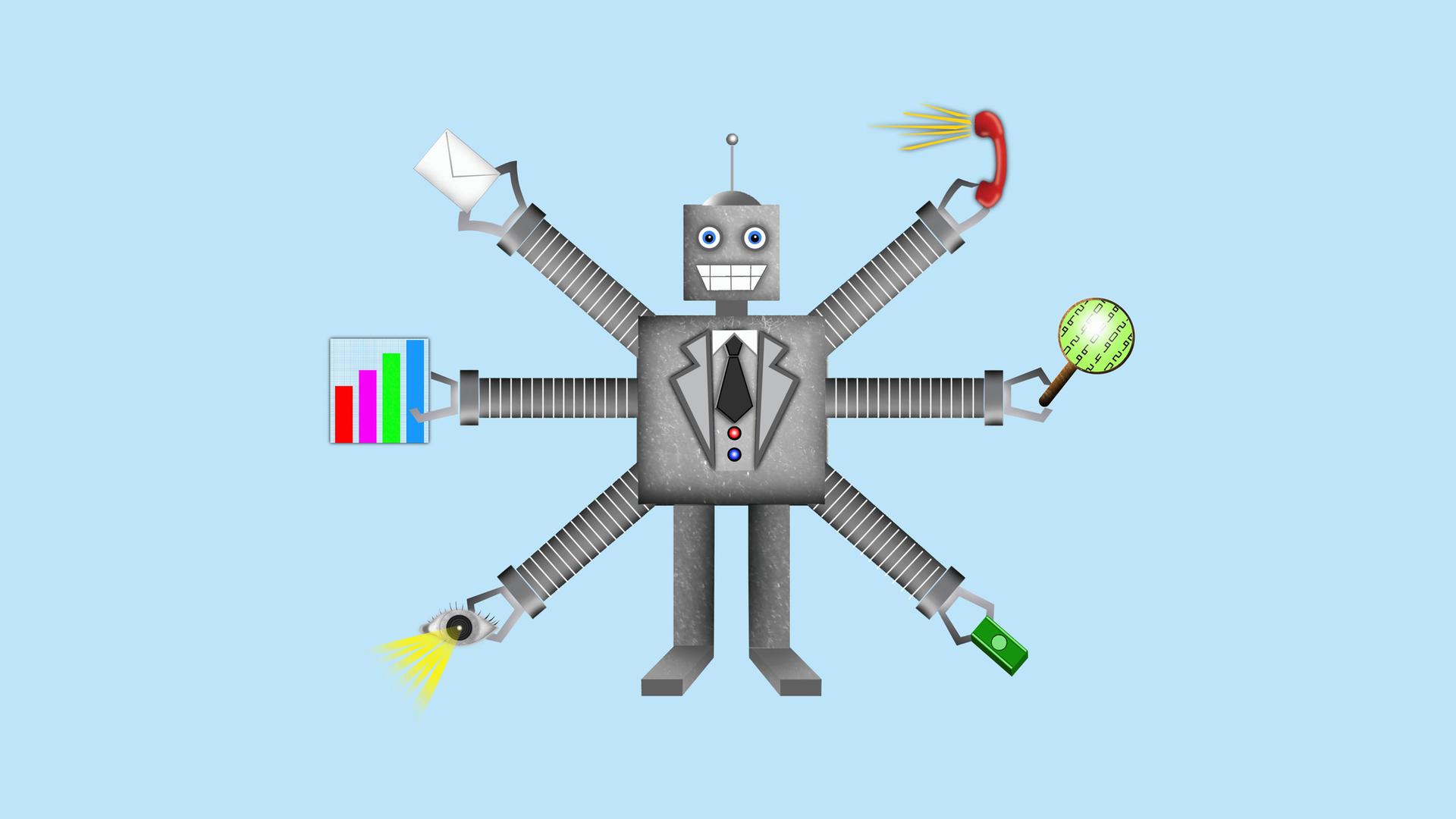 Grafik eines Roboters mit mehreren Armen, die verschiedene Arbeitsutensilien halten.