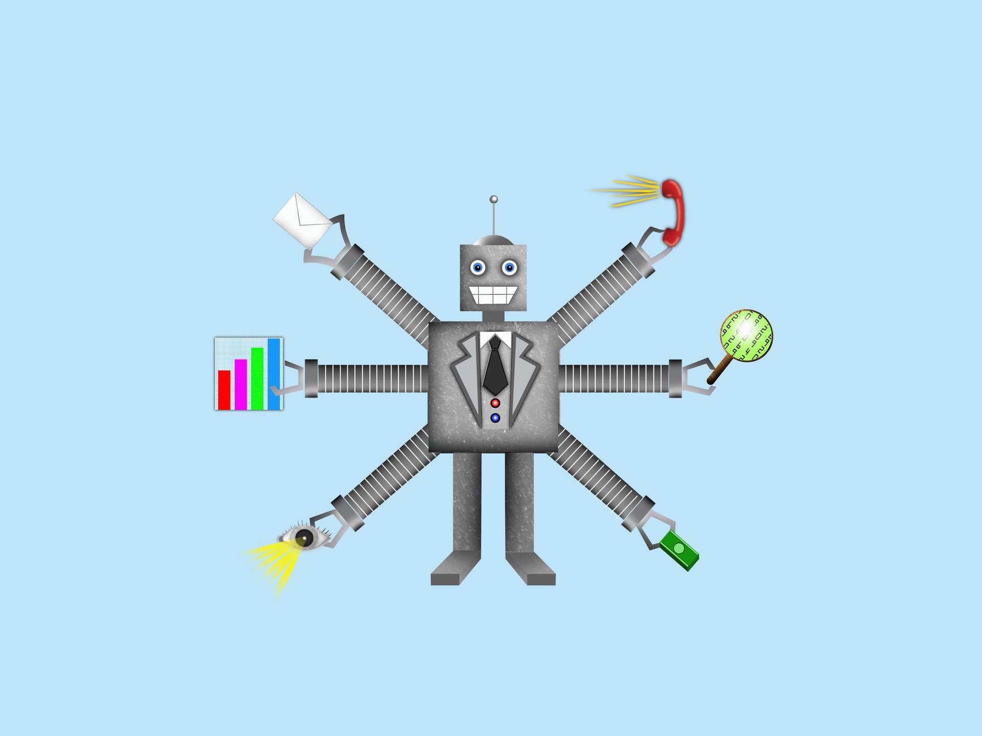 Grafik eines Roboters mit mehreren Armen, die verschiedene Arbeitsutensilien halten.