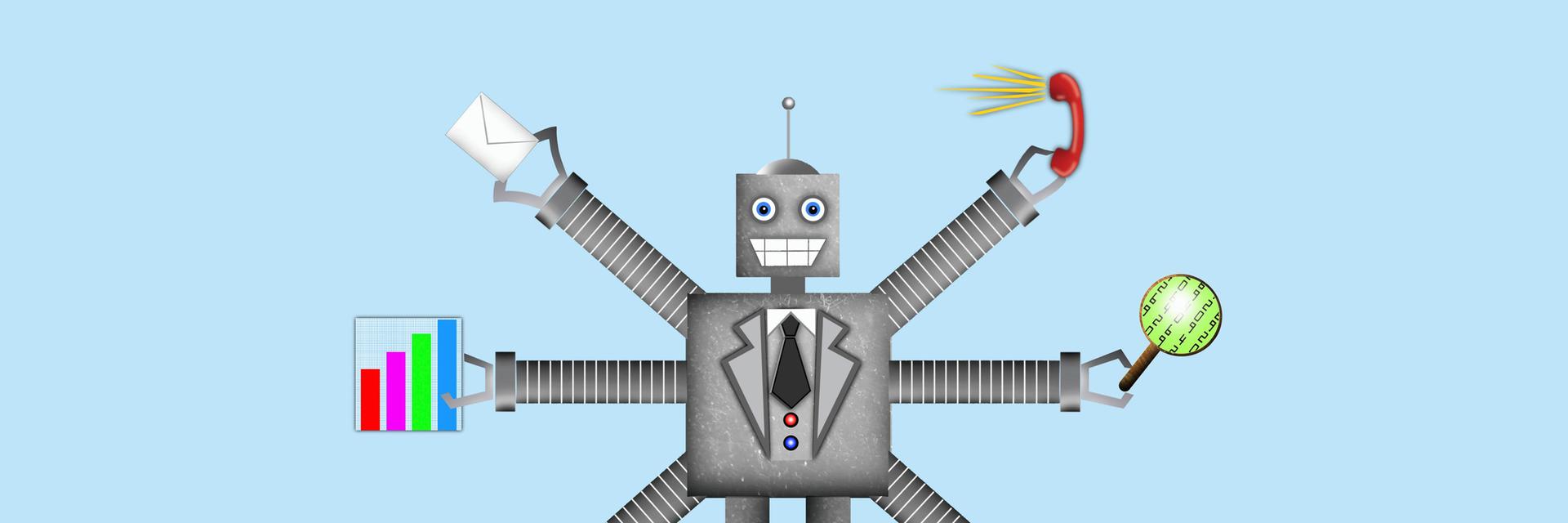 Grafik eines Roboters mit mehreren Armen, die verschiedene Arbeitsutensilien halten