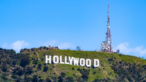 Der weiße Schriftzug Hollywood steht am grünen Hang