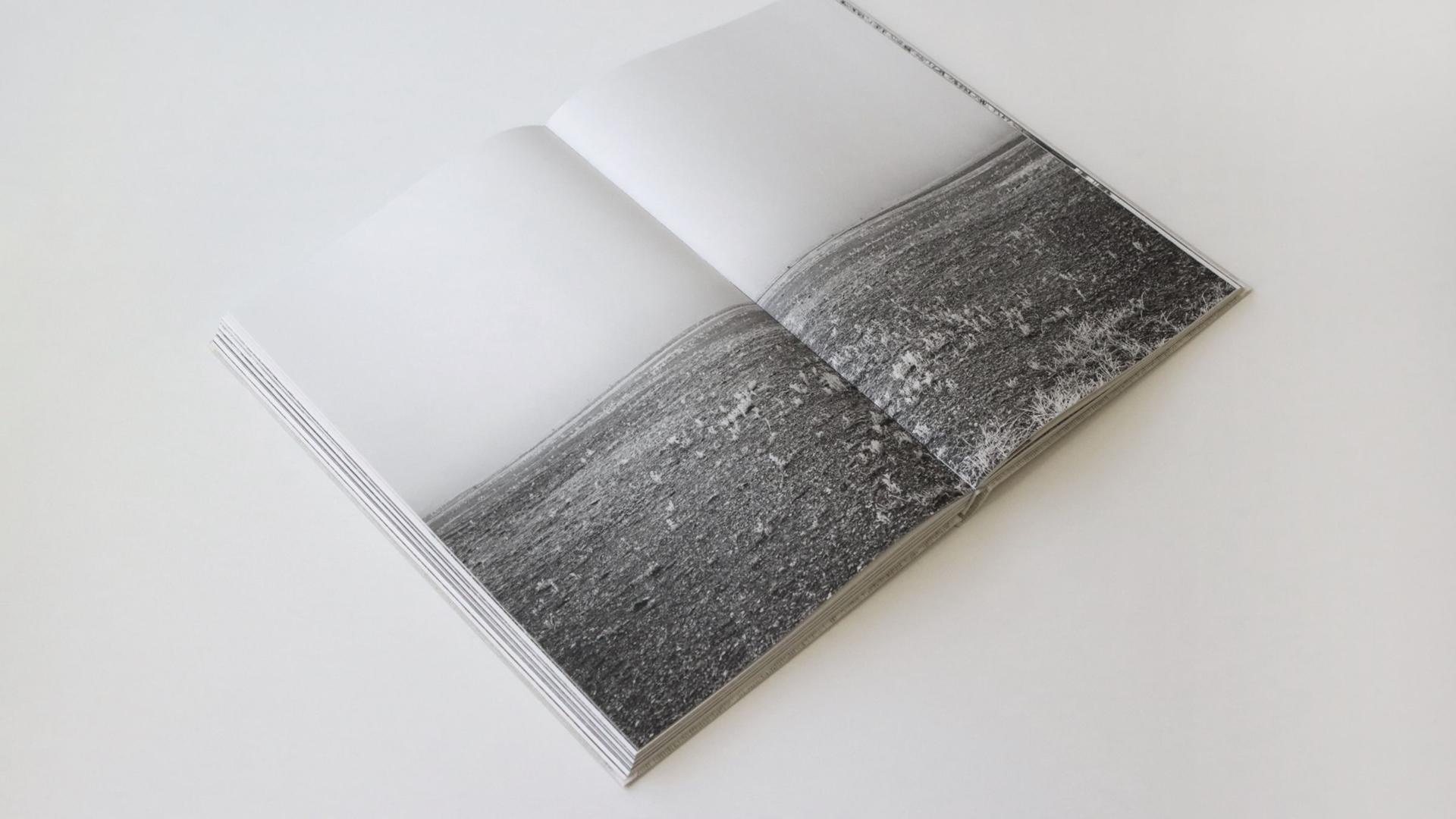 Das Schwarzweißfoto eines Feldes erstreckt sich über eine komplette Doppelseite des aufgeschlagenen Bildbands "Buchenwald". Das Schwarzweißfoto eines Feldes erstreckt sich über eine komplette Doppelseite des aufgeschlagenen Bildbands "Buchenwald".