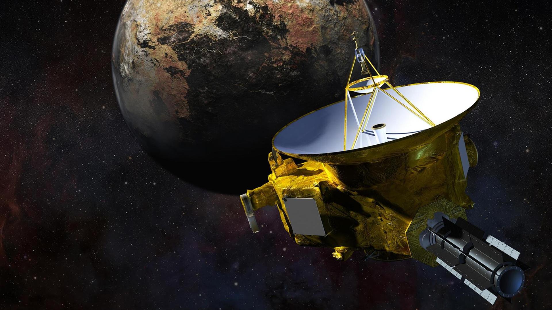 Eine Illustration zeigt die Raumsonde New Horizons vor dem Zwergplaneten Pluto.