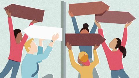 Illustration: Menschen drehen an Wegweiserschildern.