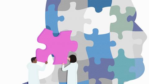 Zwei Ärzte passen ein Puzzlestück im Kopf eines Mannes an