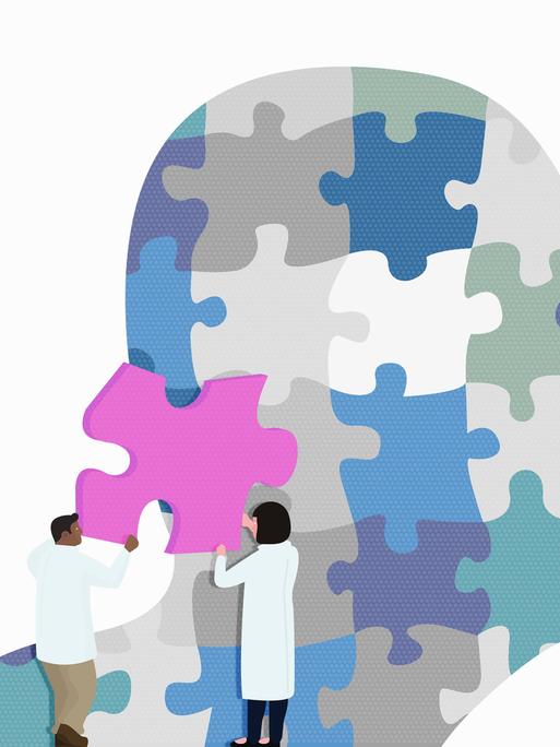 Zwei Ärzte passen ein Puzzlestück im Kopf eines Mannes an