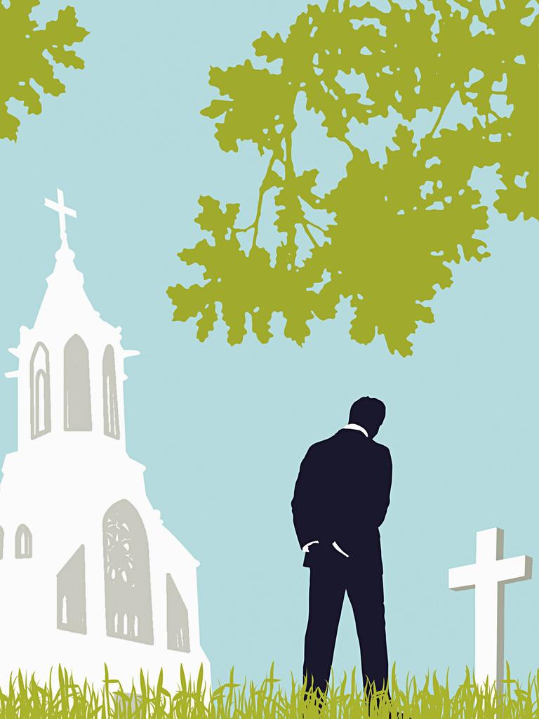 Illustration eines Mannes, der einen Friedhof besucht.