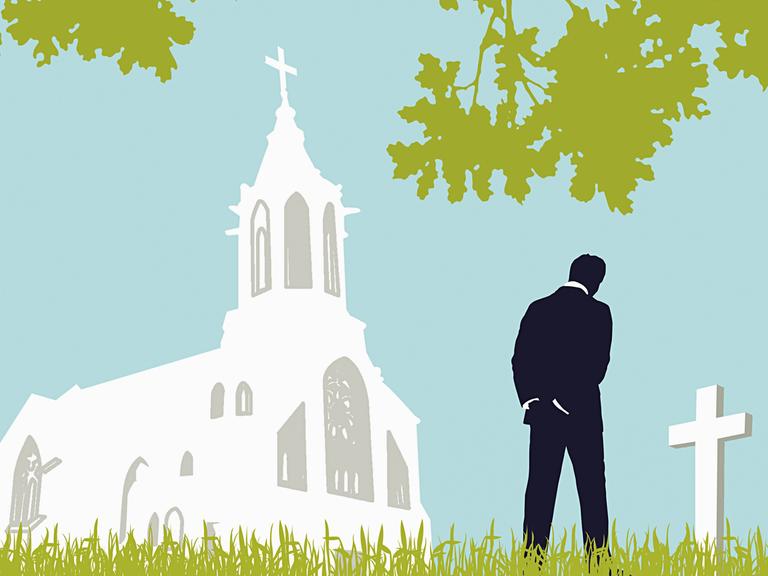 Illustration eines Mannes, der einen Friedhof besucht.