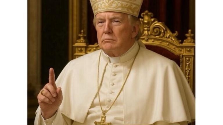 Ein KI-generiertes Bild zeigt Donald Trump als Papst mit erhobenen Zeigefinger. Ein KI-generiertes Bild zeigt Donald Trump als Papst mit erhobenen Zeigefinger.