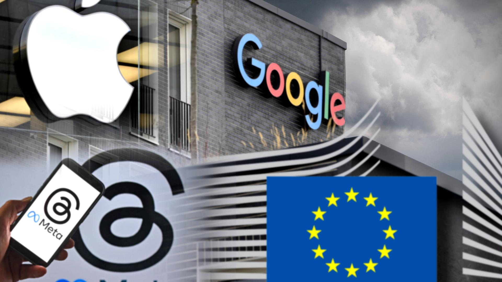 Die Logos von Apple und Google neben einer EU-Flagge