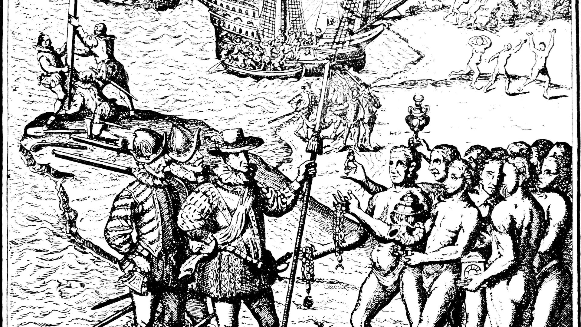 Kolumbus Ankunft auf Hispaniola im Jahr 1492 und erste Begegnung mit der indigenen Azteken-Bevölkerung. Historische Illustration um 1900.