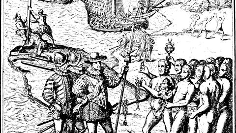 Kolumbus Ankunft auf Hispaniola im Jahr 1492 und erste Begegnung mit der indigenen Azteken-Bevölkerung. Historische Illustration um 1900. Kolumbus Ankunft auf Hispaniola im Jahr 1492 und erste Begegnung mit der indigenen Azteken-Bevölkerung. Historische Illustration um 1900.