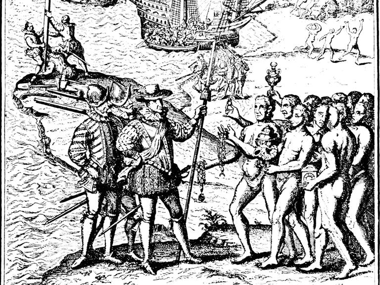 Kolumbus Ankunft auf Hispaniola im Jahr 1492 und erste Begegnung mit der indigenen Azteken-Bevölkerung. Historische Illustration um 1900. Kolumbus Ankunft auf Hispaniola im Jahr 1492 und erste Begegnung mit der indigenen Azteken-Bevölkerung. Historische Illustration um 1900.