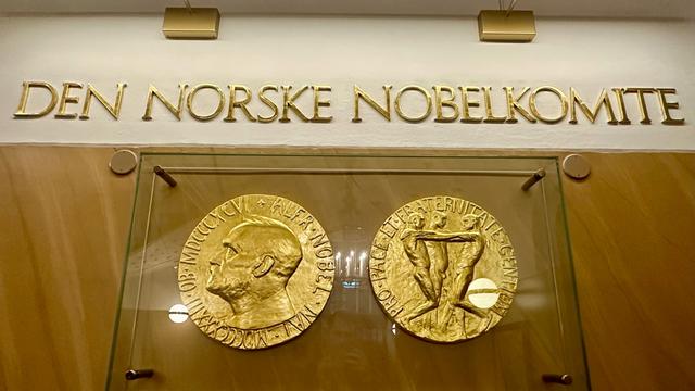 Die Vorder- und Rückseite der Medaille für den Friedensnobelpreis sind im norwegischen Nobelinstitut in Oslo ausgestellt.