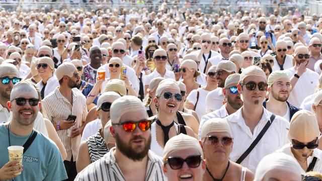 Das Foto zeigt Fans von dem Rapper Pitbull in London. Sie tragen künstliche Glatzen aus Plastik für einen Rekord-Versuch.