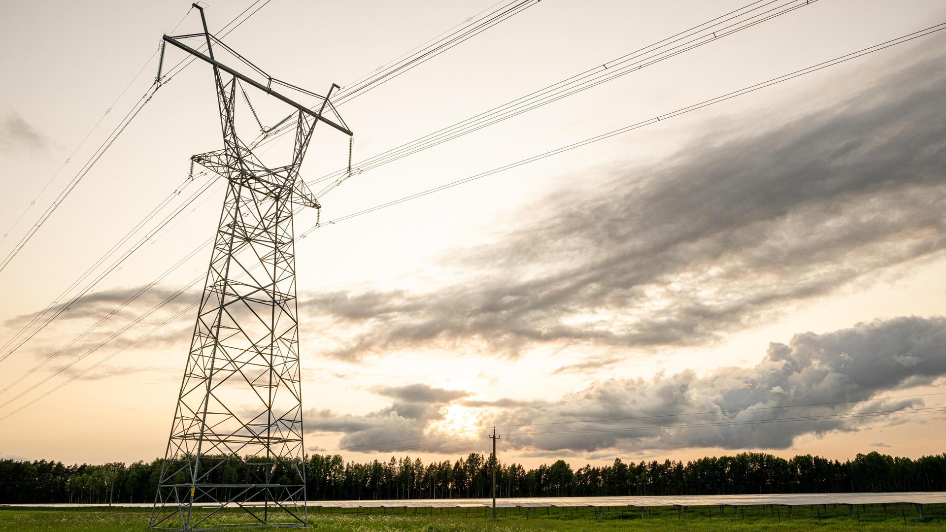 Eine Strommast für eine Überlandleitung steht in Estland auf einer leeren Wiese. Eine Strommast für eine Überlandleitung steht in Estland auf einer leeren Wiese.