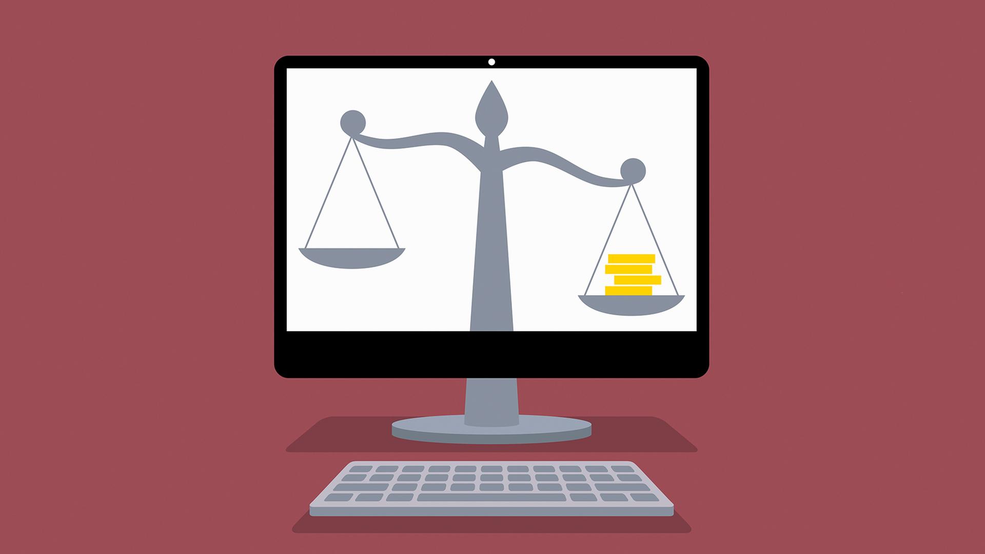 Illustration einer juristischen Waage auf einem Computerbildschirm.