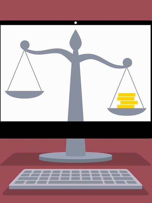Illustration einer juristischen Waage auf einem Computerbildschirm.