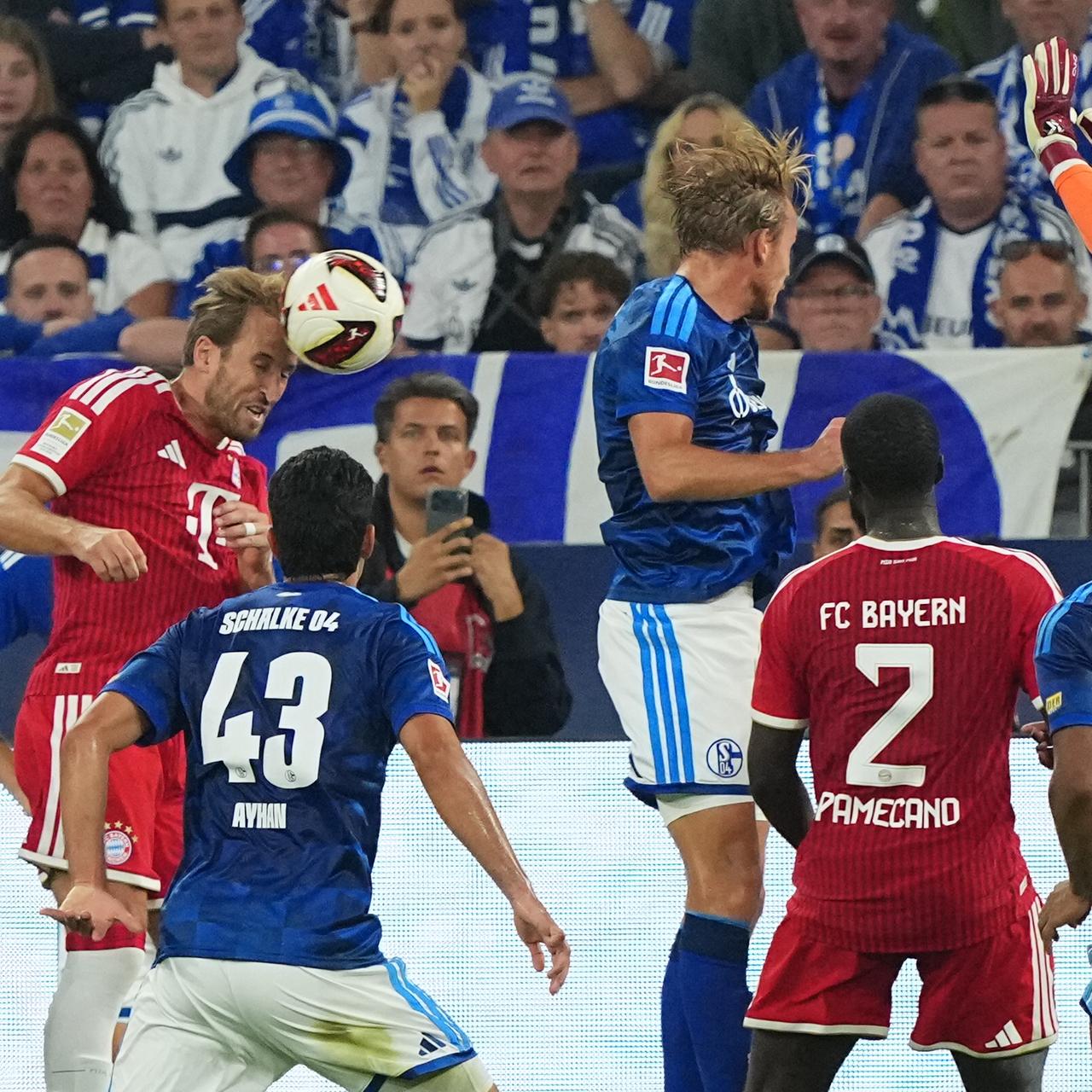 Harry Kane köpft den Ball auf das Schalker Tor von Keeper Loris Karius.